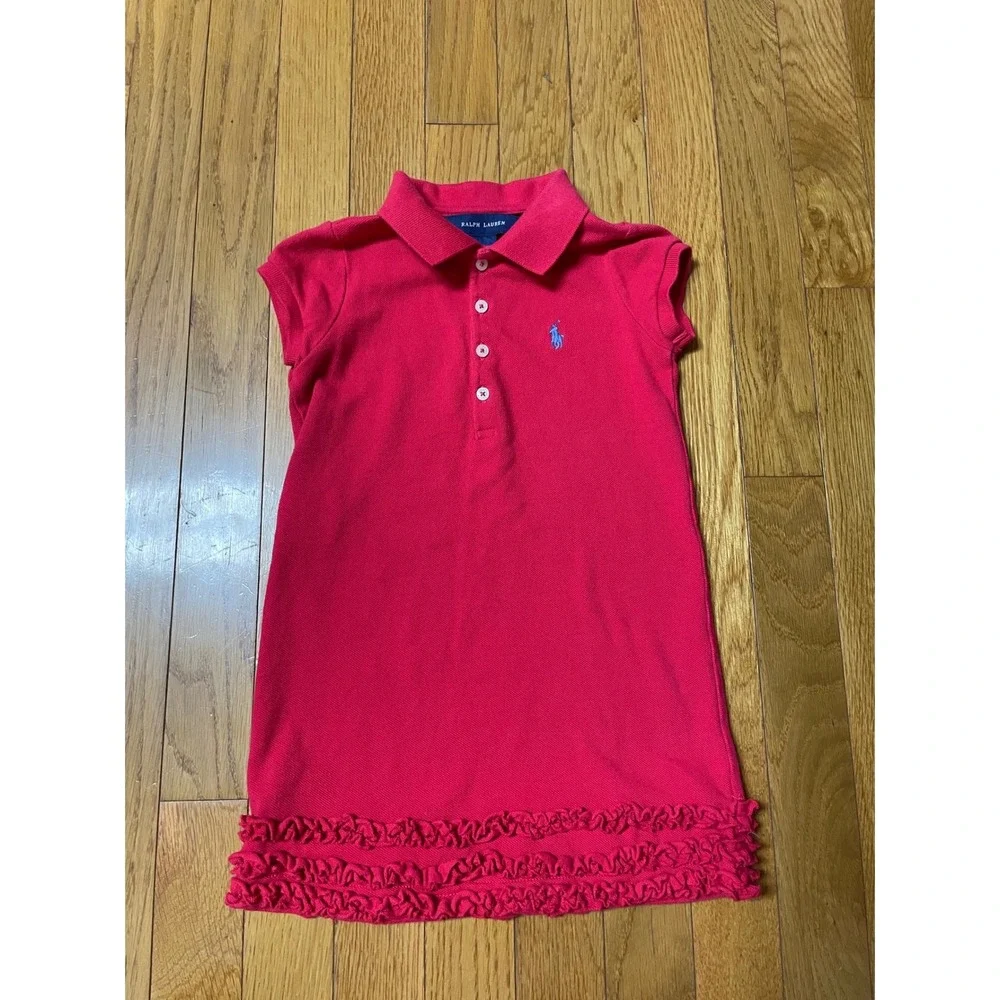 Ralph Lauren Girls red Ruffle Hem Polo Dress Size 4T Short Sleeve Cotton Pique